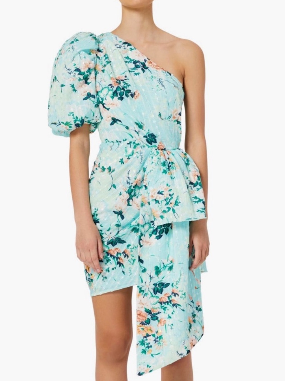 Elliatt Esteem Aqua Floral One-Shoulder Puff-Sleeve Dress